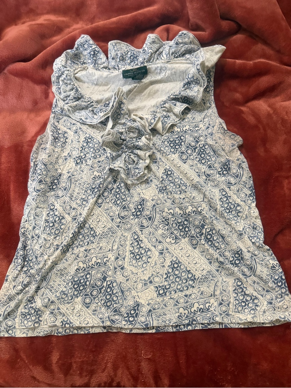 Lauren Ralph Lauren Petite L Blue White Paisley Ruffle Tie Neck Top 100% Cotton